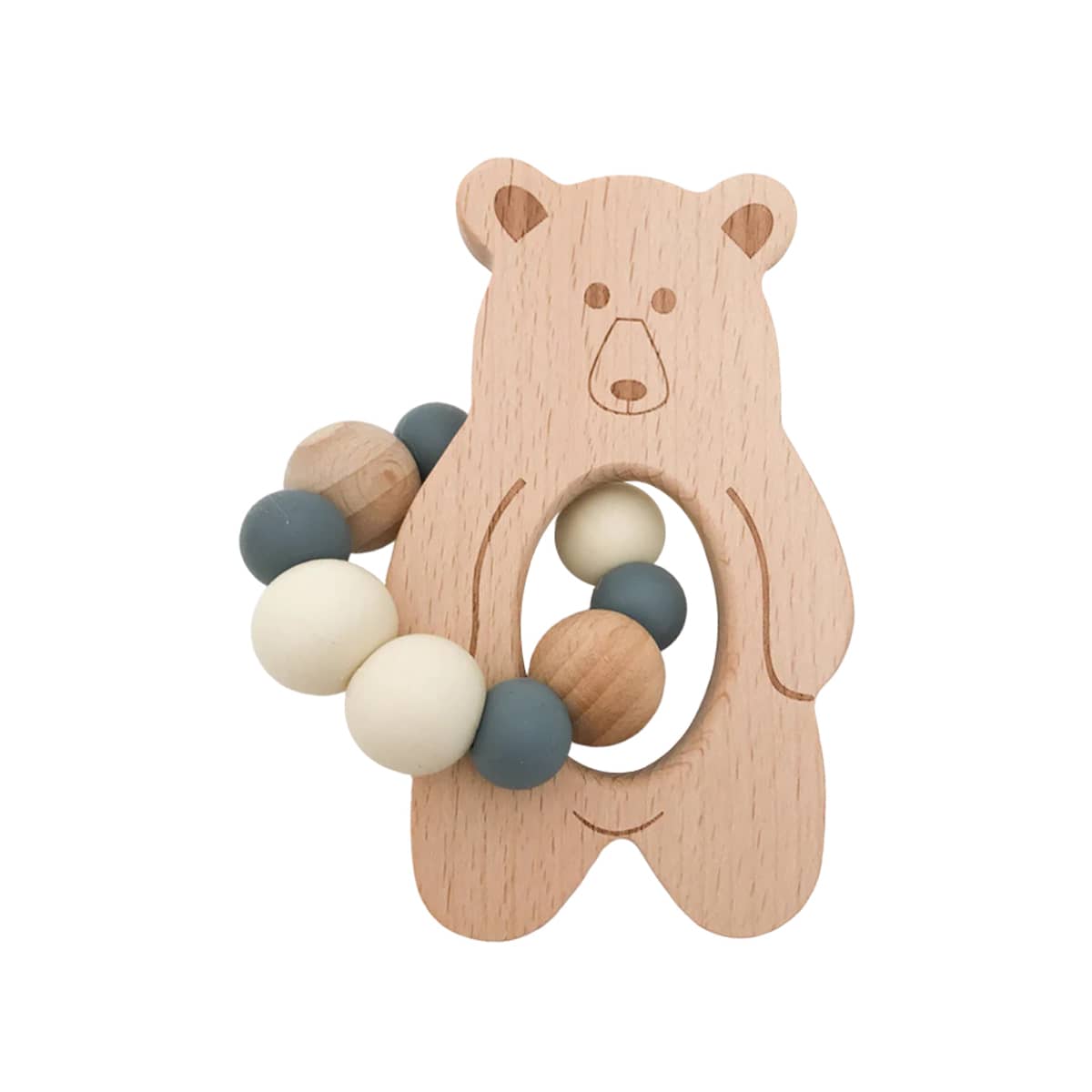 One.Chew.Three Bear Silicone and Beech Wood Teether - Natural Grey