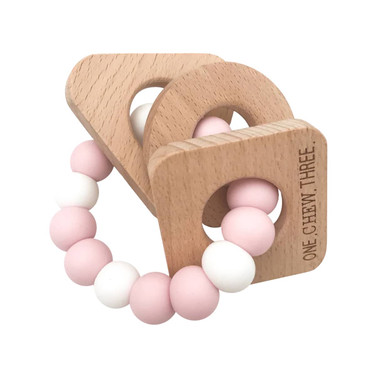 One.Chew.Three Shapes Silicone and Beech Wood Teether - Pink