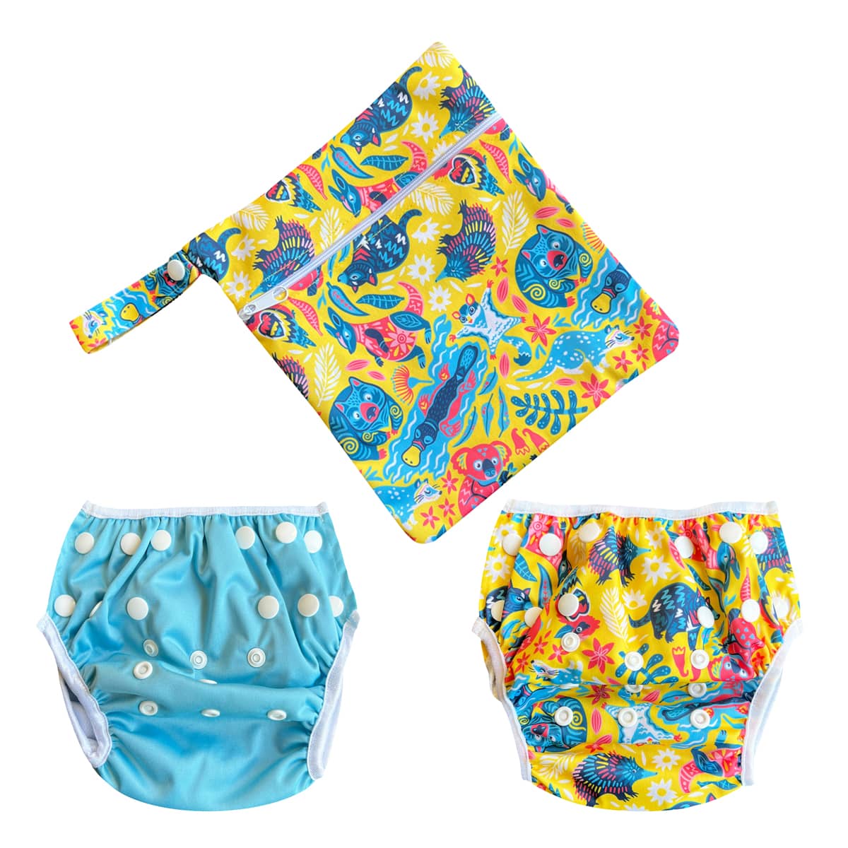 TicTasTogs Reusable Swim Nappy Set - Twin Pack + Wetbag - Aussie Animalia