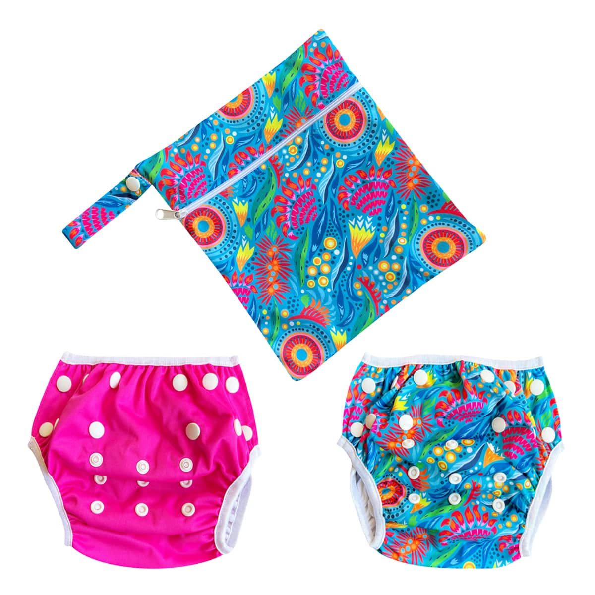 TicTasTogs Reusable Swim Nappy Set - Twin Pack + Wetbag - Bush Blooms