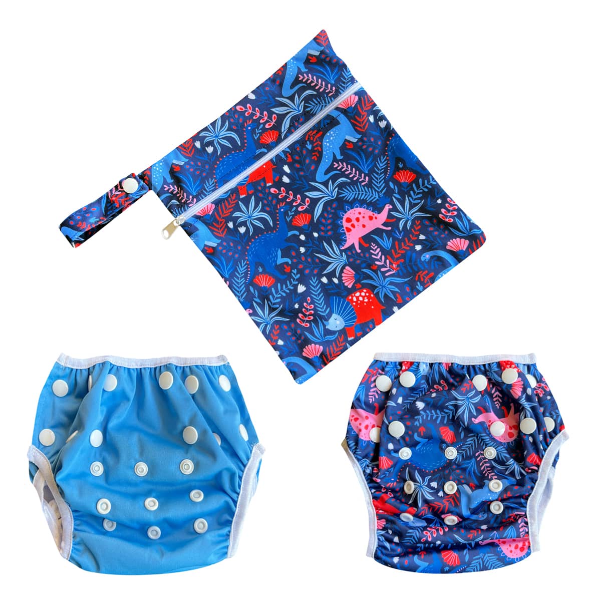 TicTasTogs Reusable Swim Nappy Set - Twin Pack + Wetbag - Dino Adventures