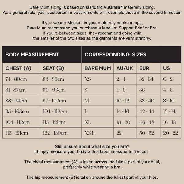 Bare Mum Postpartum Briefs - Sizing Guide