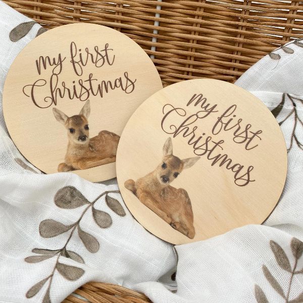 One.Chew.Three Wooden Colour Print Milestone Plaque -  My First Christmas - Baby Deer