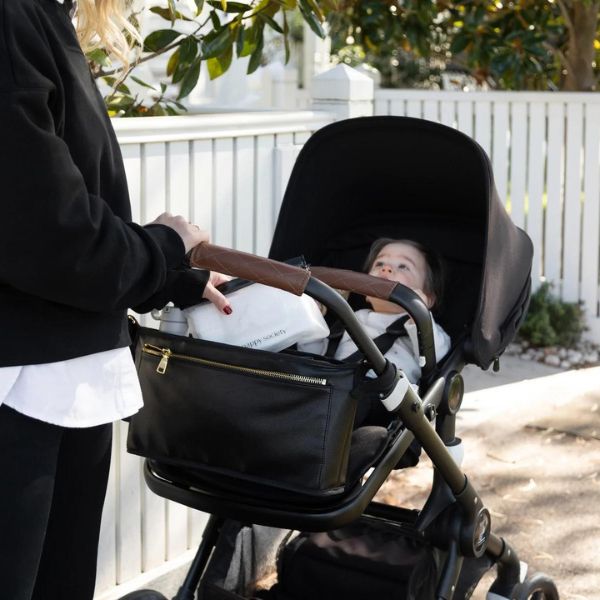The Nappy Society Vegan Leather Pram Caddy - Black with Gold Hardware