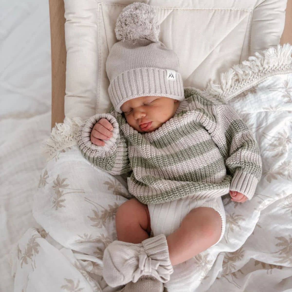 3 Little Crowns Chunky Knit Jumper - Muted Green + Mushroom Stripes