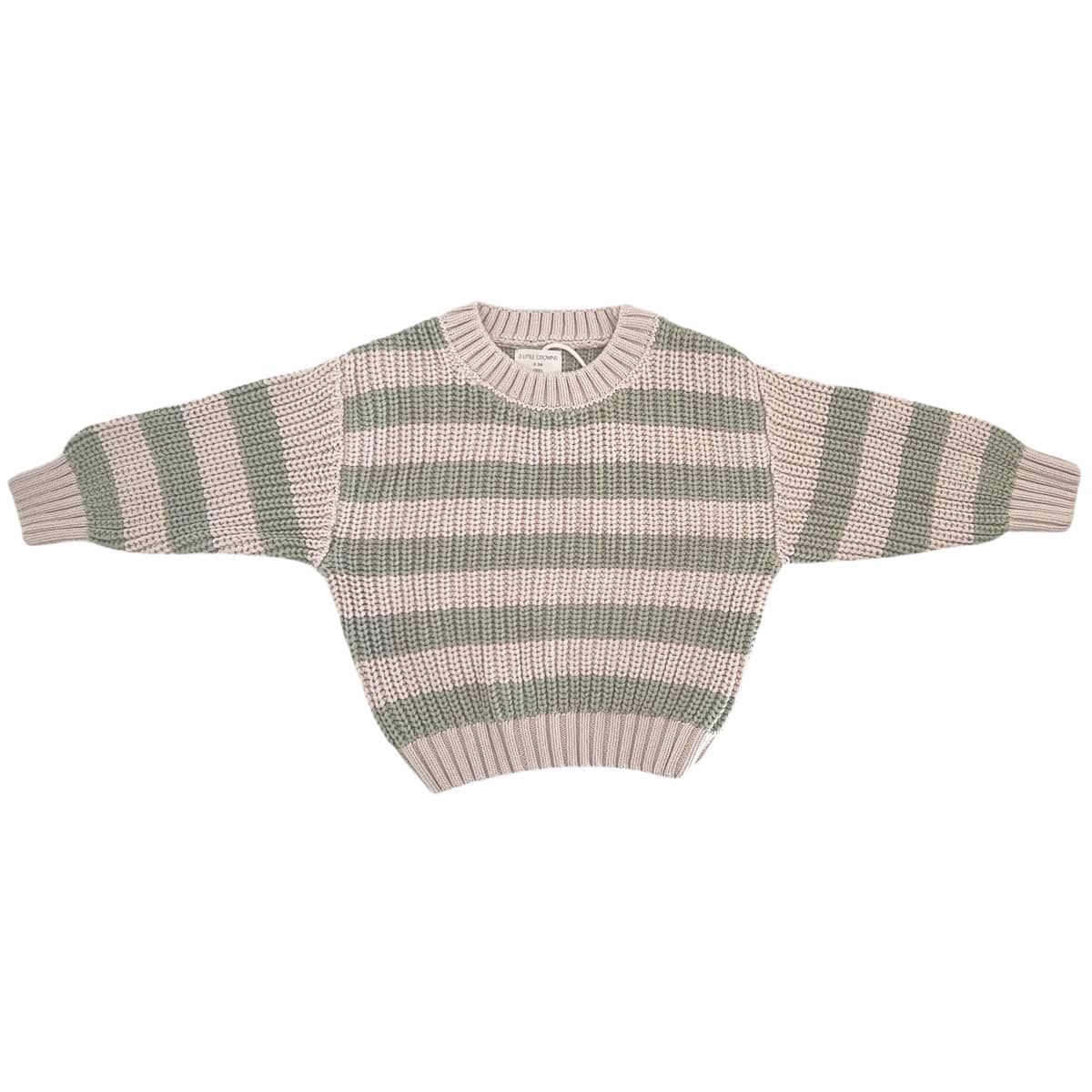 3 Little Crowns Chunky Knit Jumper - Muted Green + Mushroom Stripes