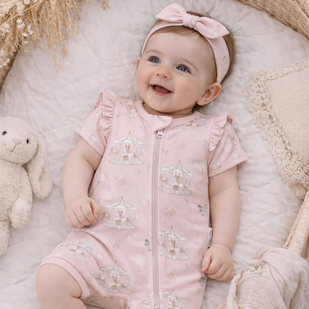 Aster & Oak Short Sleeve Zip Romper - Carousel Ponies