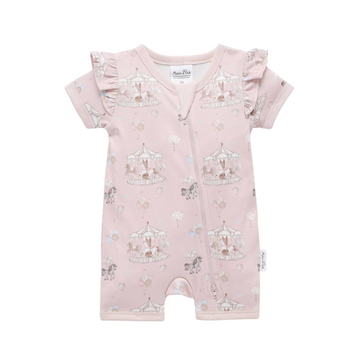 Aster & Oak Short Sleeve Zip Romper - Carousel Ponies