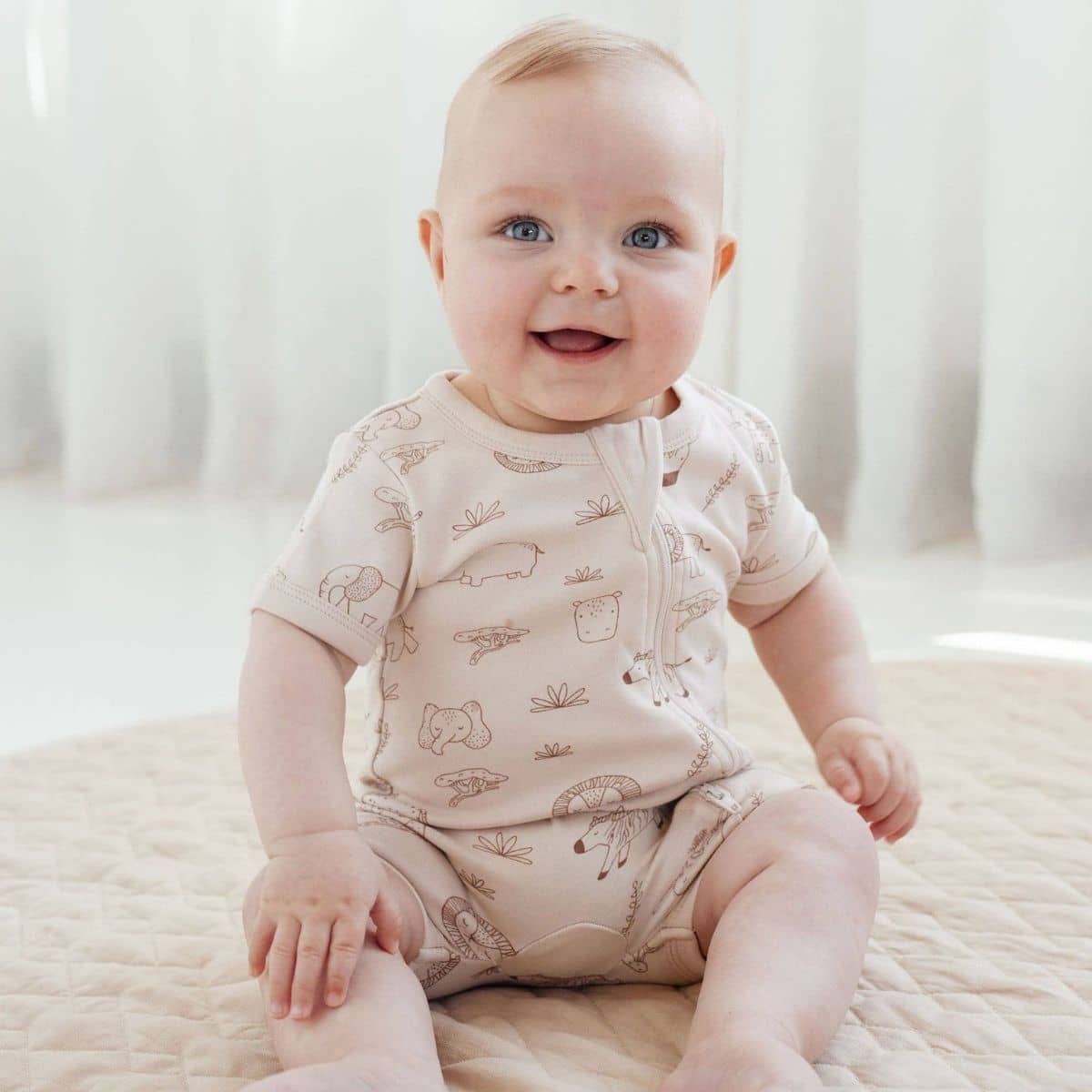 Aster & Oak Short Sleeve Zip Romper - Safari Adventure
