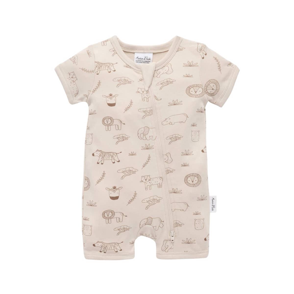 Aster & Oak Short Sleeve Zip Romper - Safari Adventure
