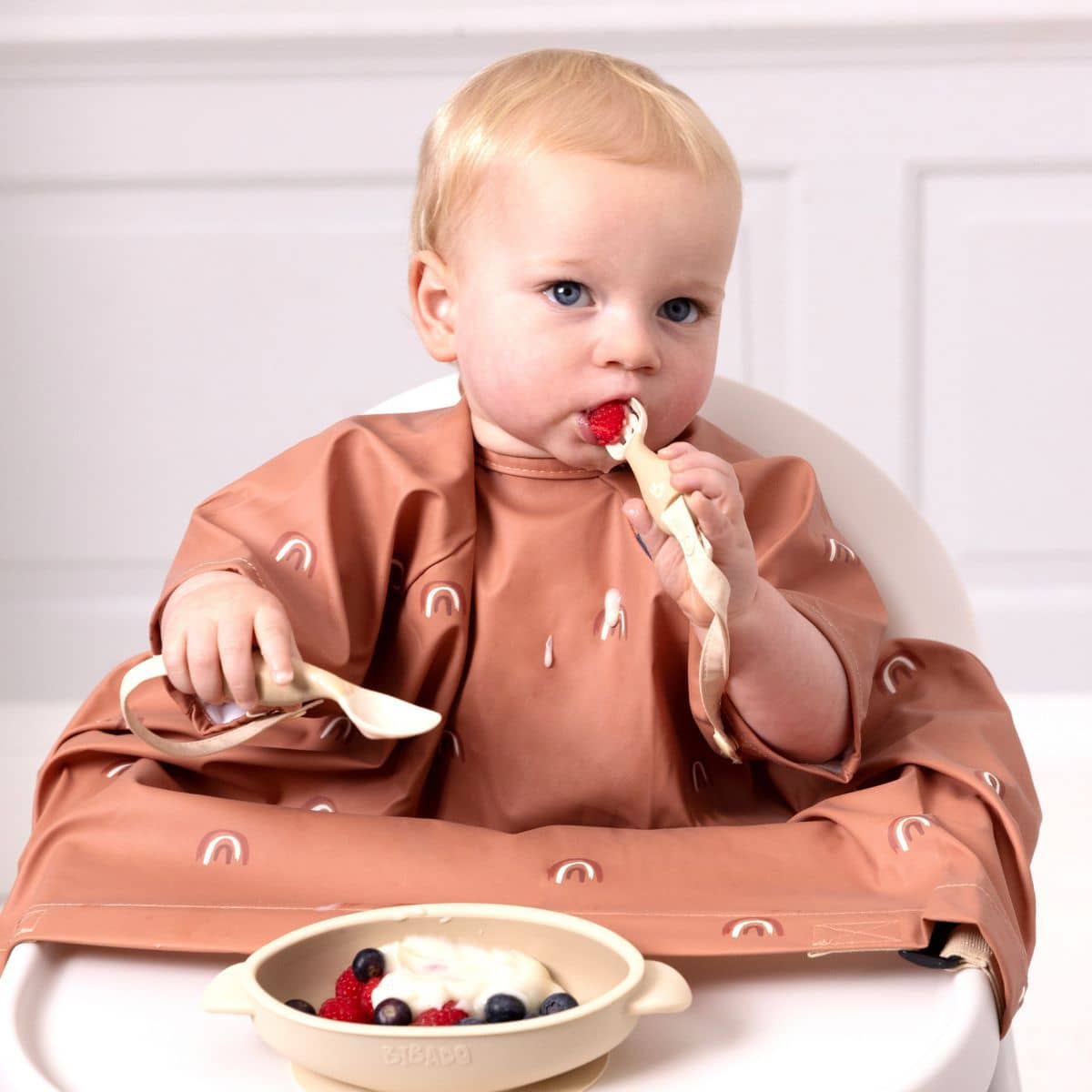 BIBaDO Baby Coverall Bib - Short Sleeve - Chasing Rainbows