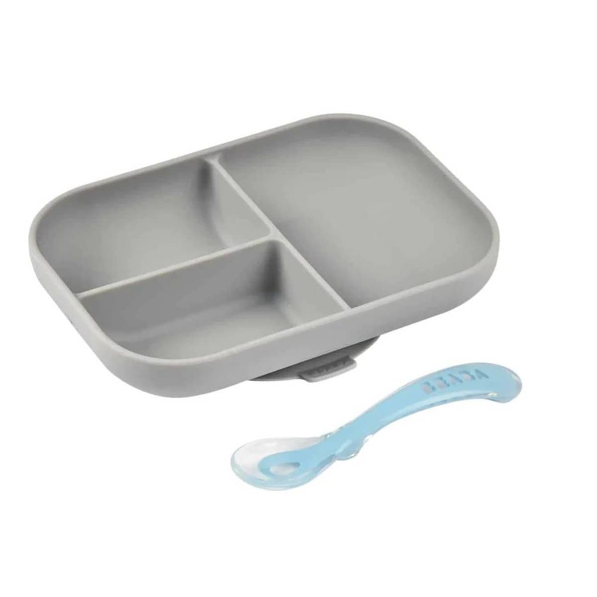 Beaba Silicone Suction Divided Plate and Spoon - Grey