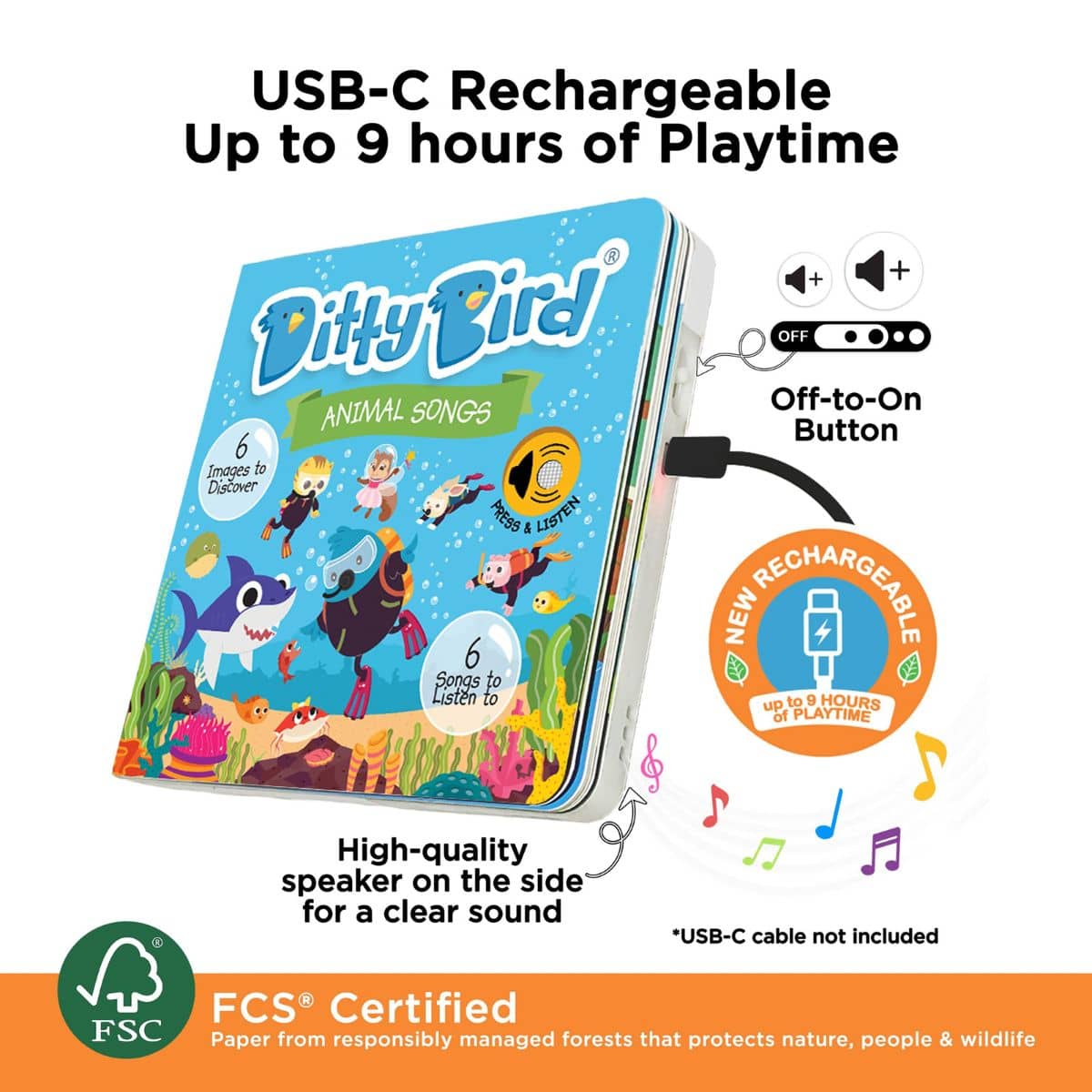 Ditty Bird Interactive Sounds Rechargeable Board Book - Animal Songs