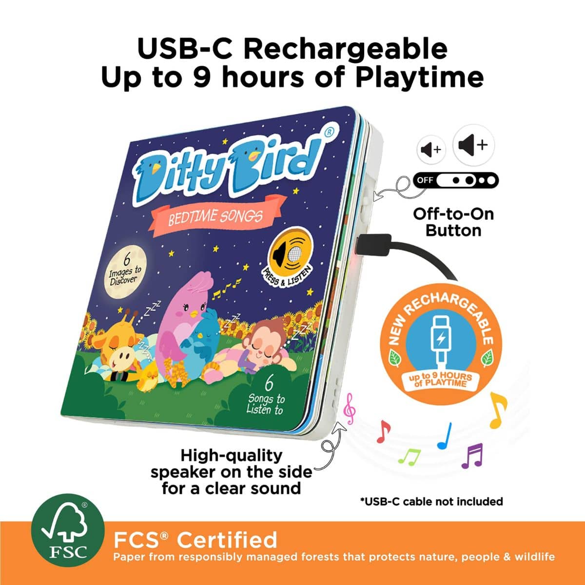 Ditty Bird Interactive Sounds Rechargeable Board Book - Bedtime Songs