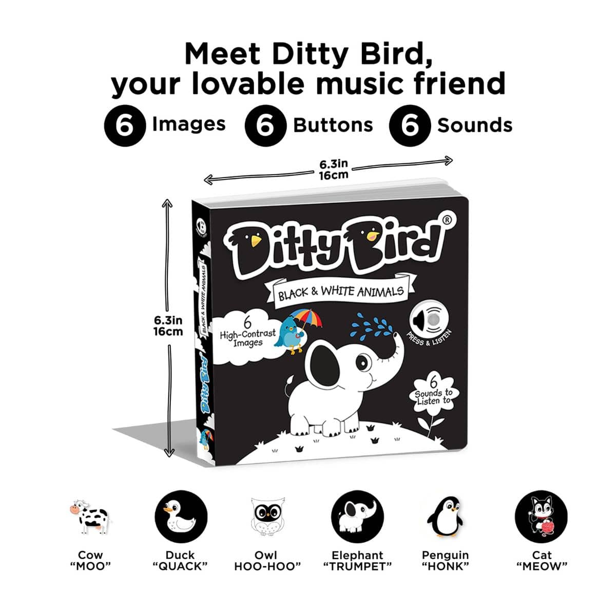Ditty Bird Interactive Sounds Rechargeable Board Book - Black and White Animals
