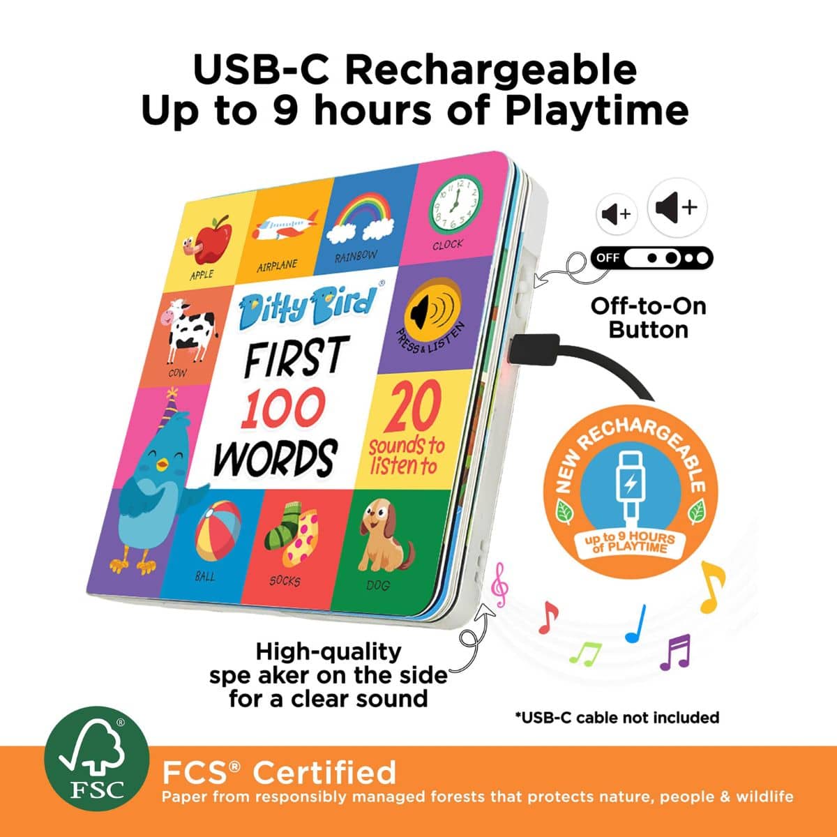 Ditty Bird Interactive Sounds Rechargeable Board Book - First 100 Words