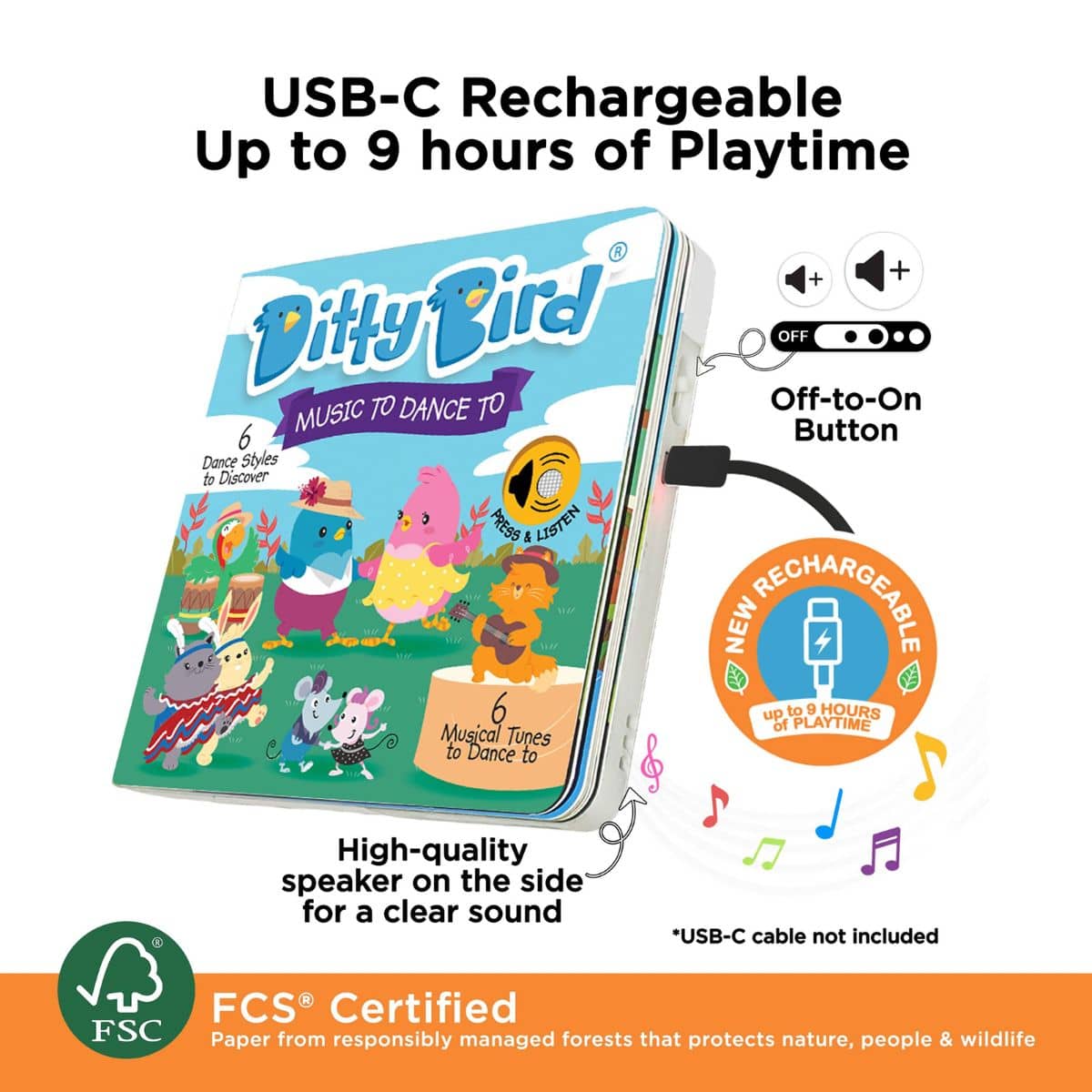 Ditty Bird Interactive Sounds Rechargeable Board Book - Music To Dance To