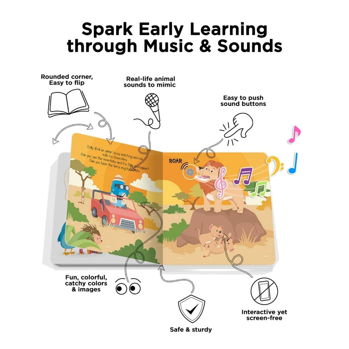 Ditty Bird Interactive Sounds Rechargeable Board Book - Safari Animals Sounds