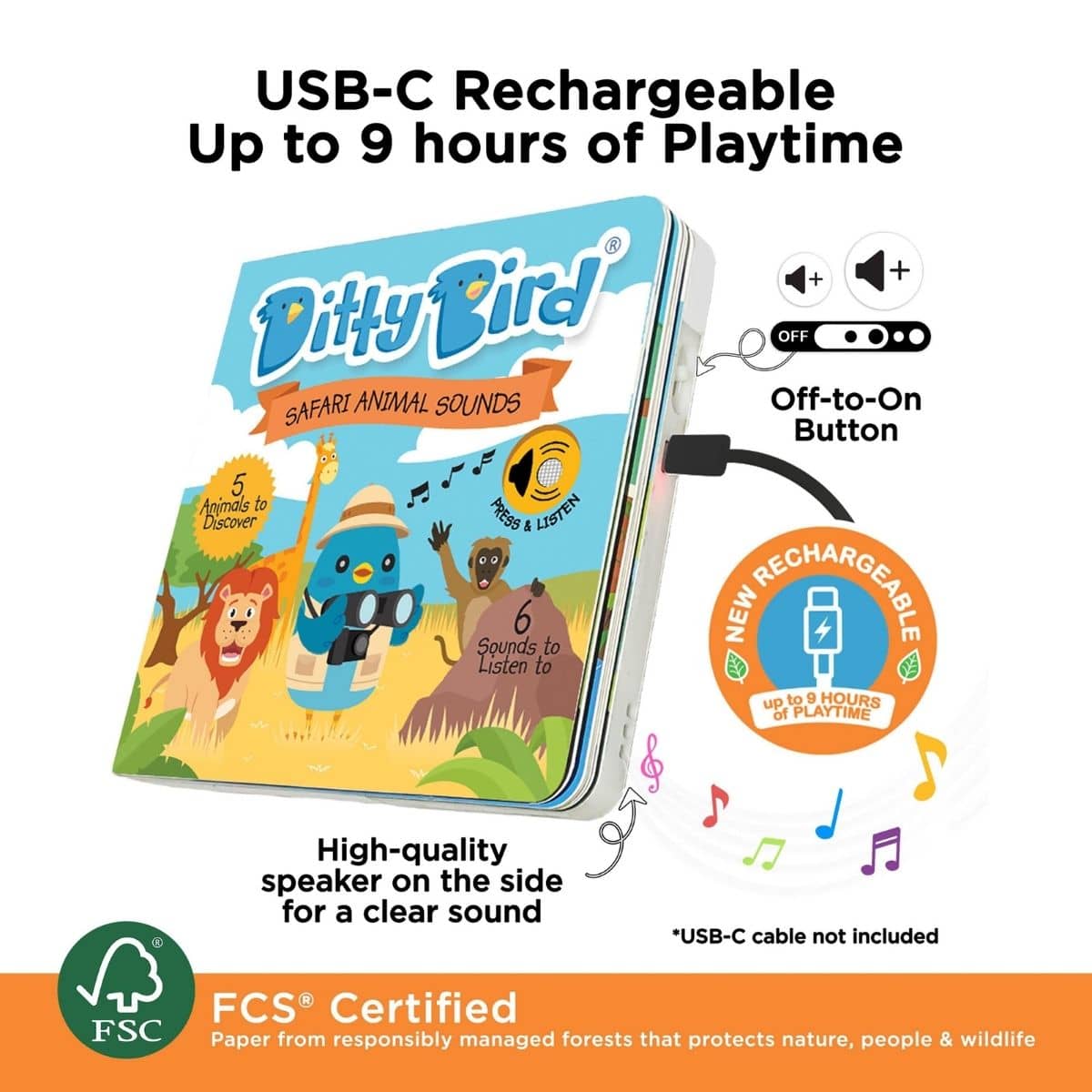 Ditty Bird Interactive Sounds Rechargeable Board Book - Safari Animals Sounds