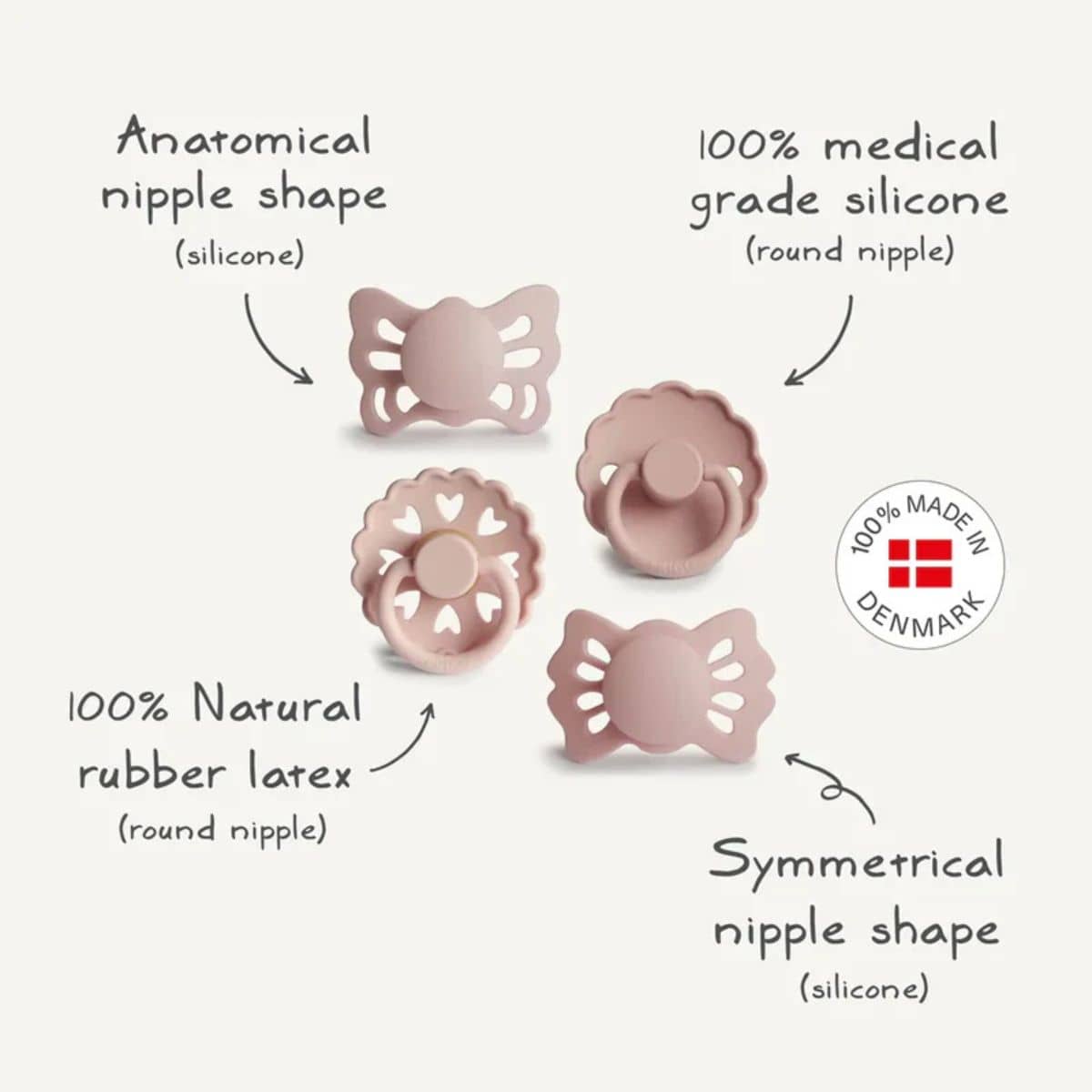 Frigg Baby's First Pacifier Four Pack - Blush Floral Heart