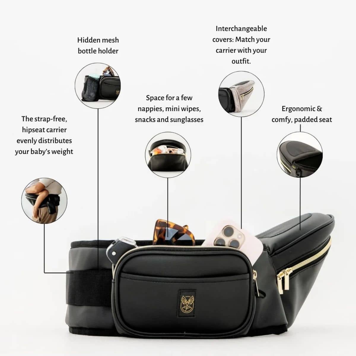 Hackerlily Hipsurfer - Hipseat Baby Carrier + Bum Bag - Black Vegan Leather