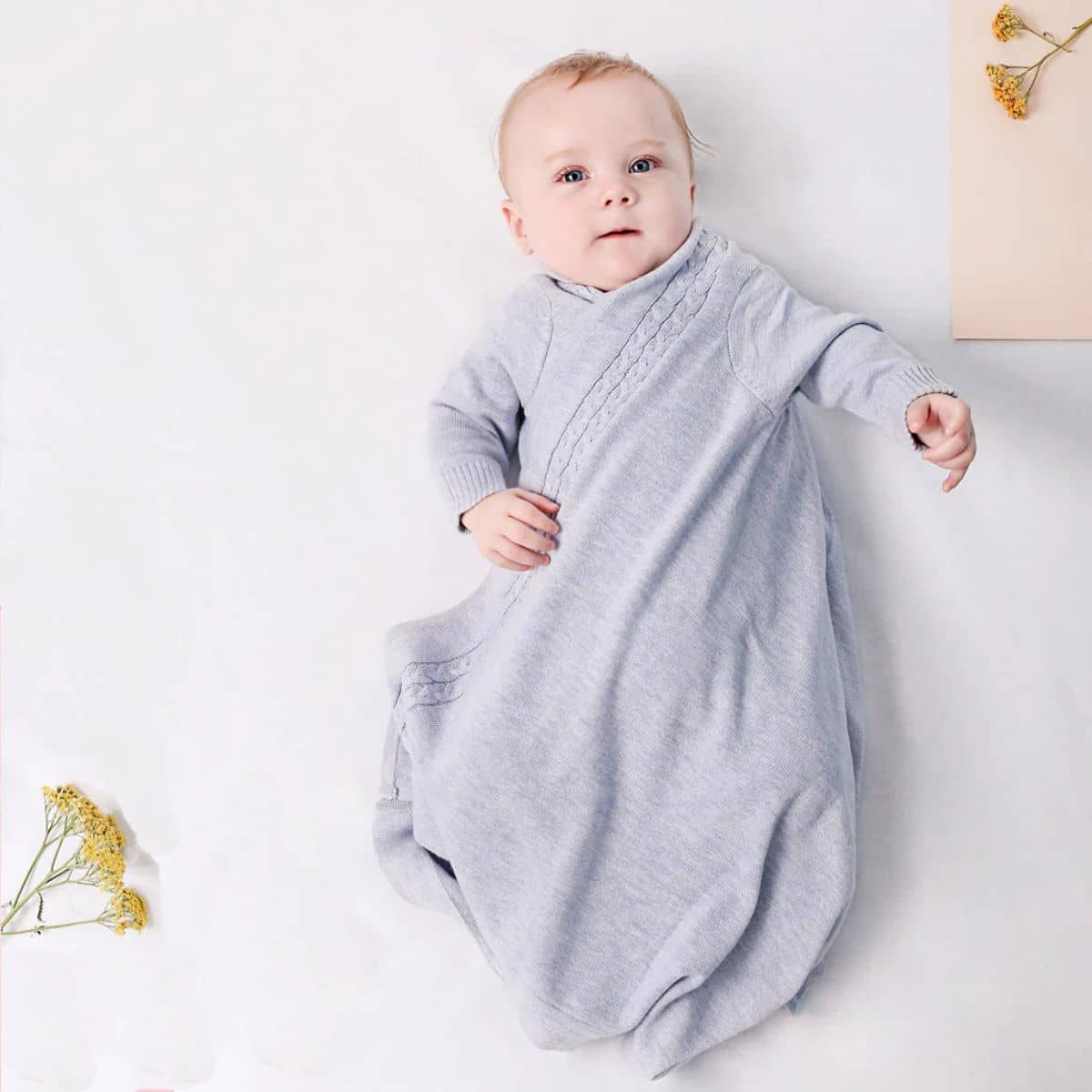 Jujo Baby Shwrap Knitted Blanket With Sleeves - Cable Edge - Blue