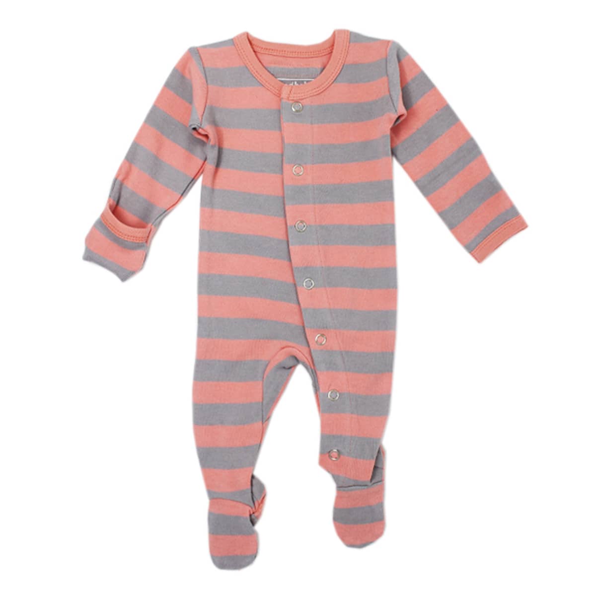 L'ovedbaby Organic Gl'oved Footed Overall - Wide Stripe - Coral Light Grey
