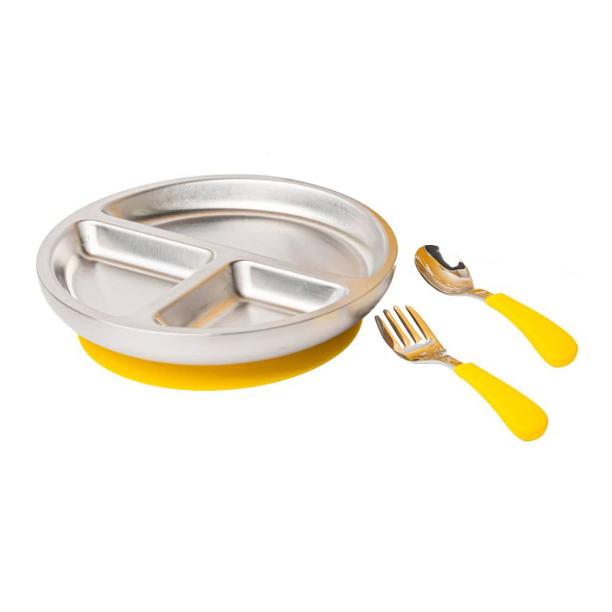 Lion & Lady Stainless Steel Toddler Plate with Silicone Suction Base + Cutlery - Buttercup Yellow