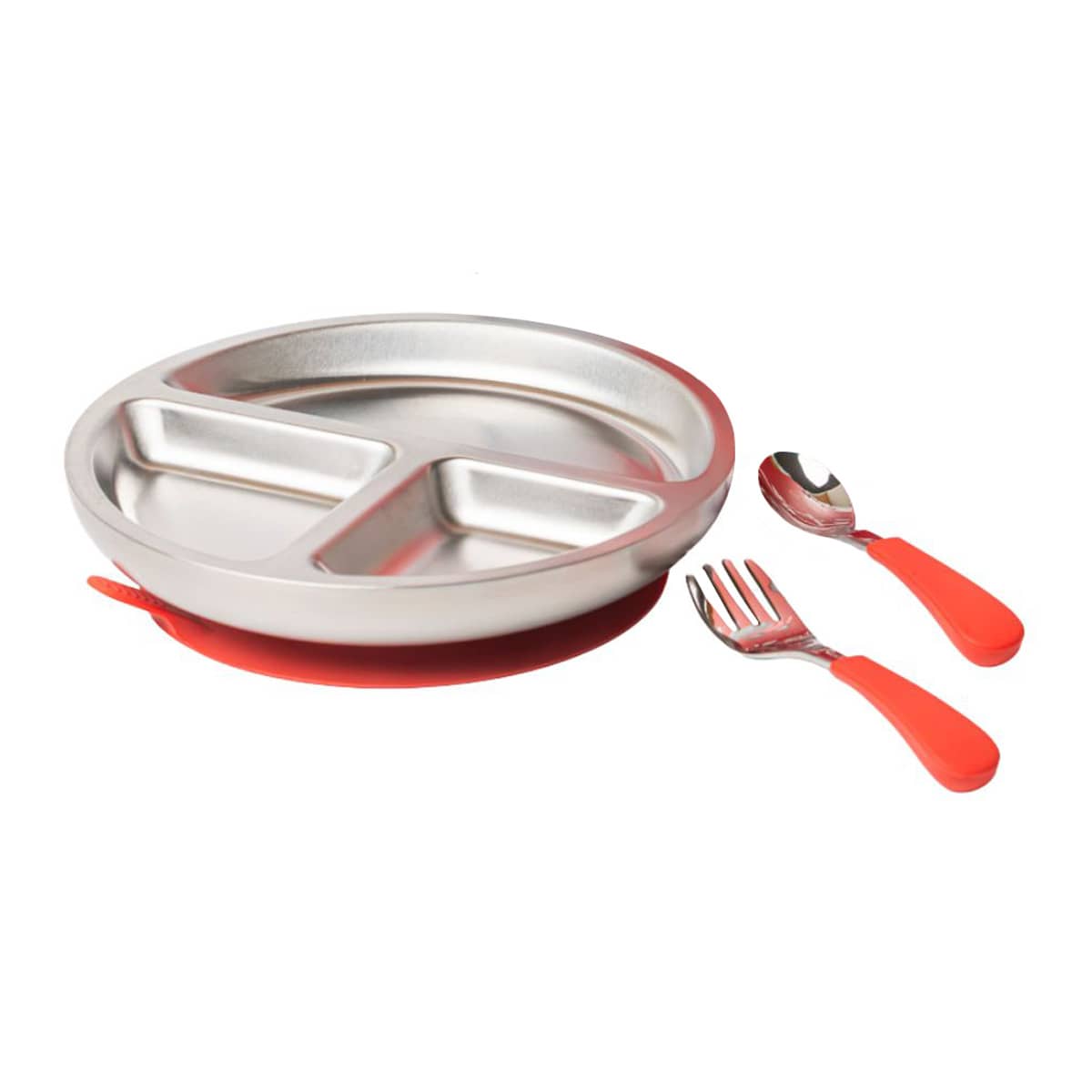 Lion & Lady Stainless Steel Toddler Plate with Silicone Suction Base + Cutlery - Fuchsia Pink