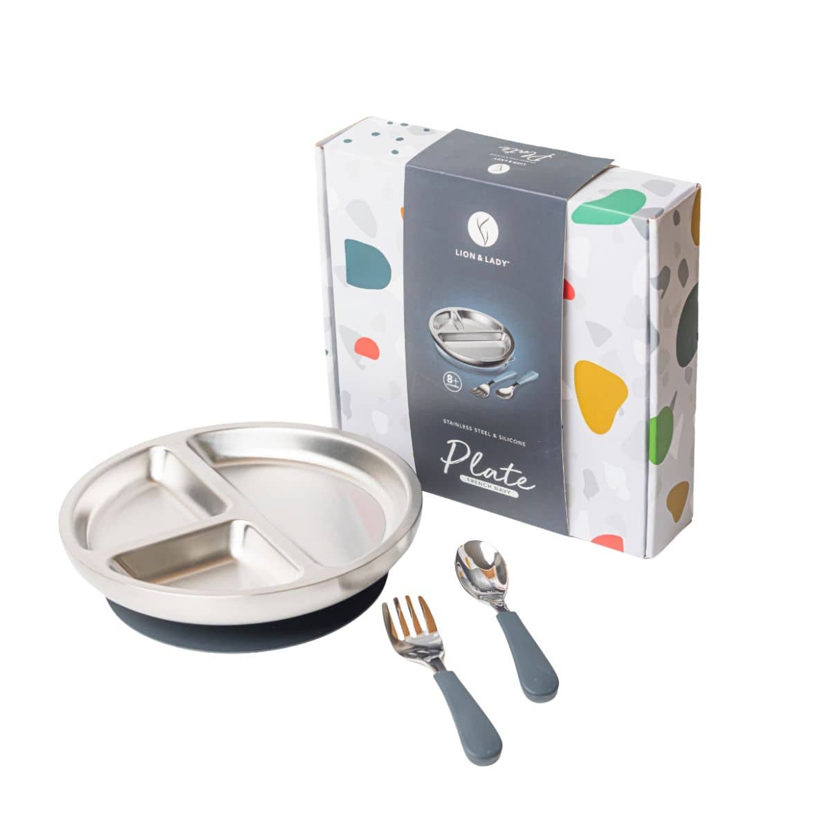 Lion & Lady Stainless Steel Toddler Plate with Silicone Suction Base + Cutlery - French Navy
