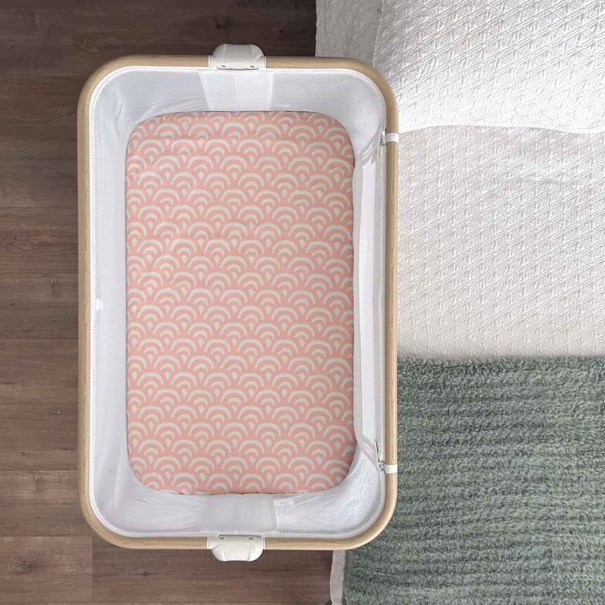 Little Human Linens Waterproof Change Pad / Co-Sleeper Bassinet Sheet - Peach Rainbows