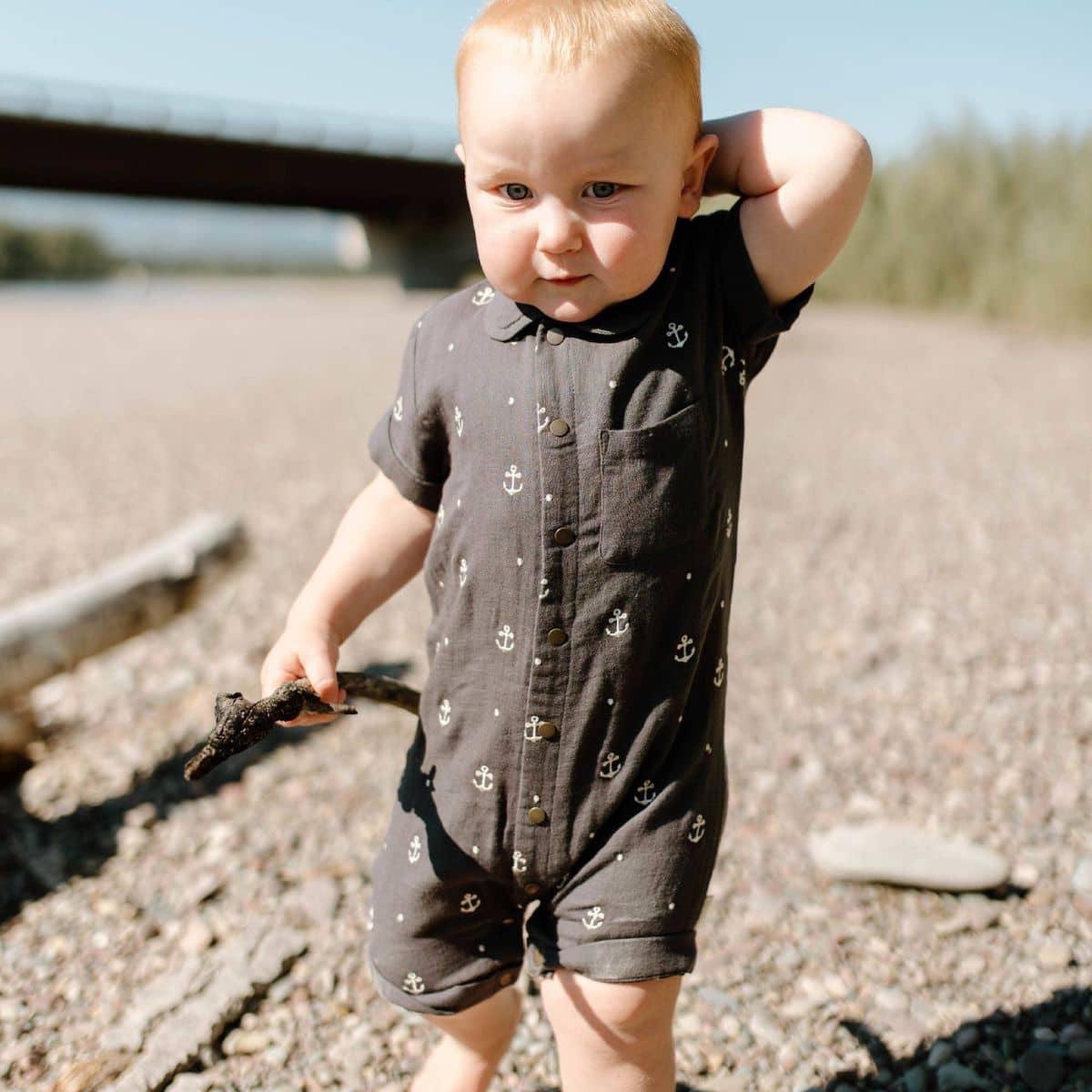 L'ovedbaby Organic Muslin Short Sleeve Coverall - Chia Anchor