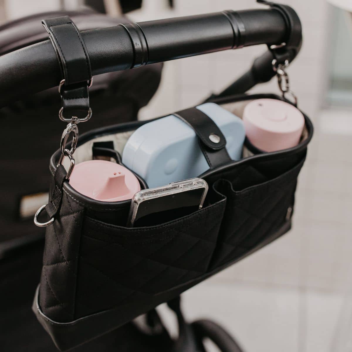 OiOi Diamond Quilt Stroller Organiser/Pram Caddy - Black