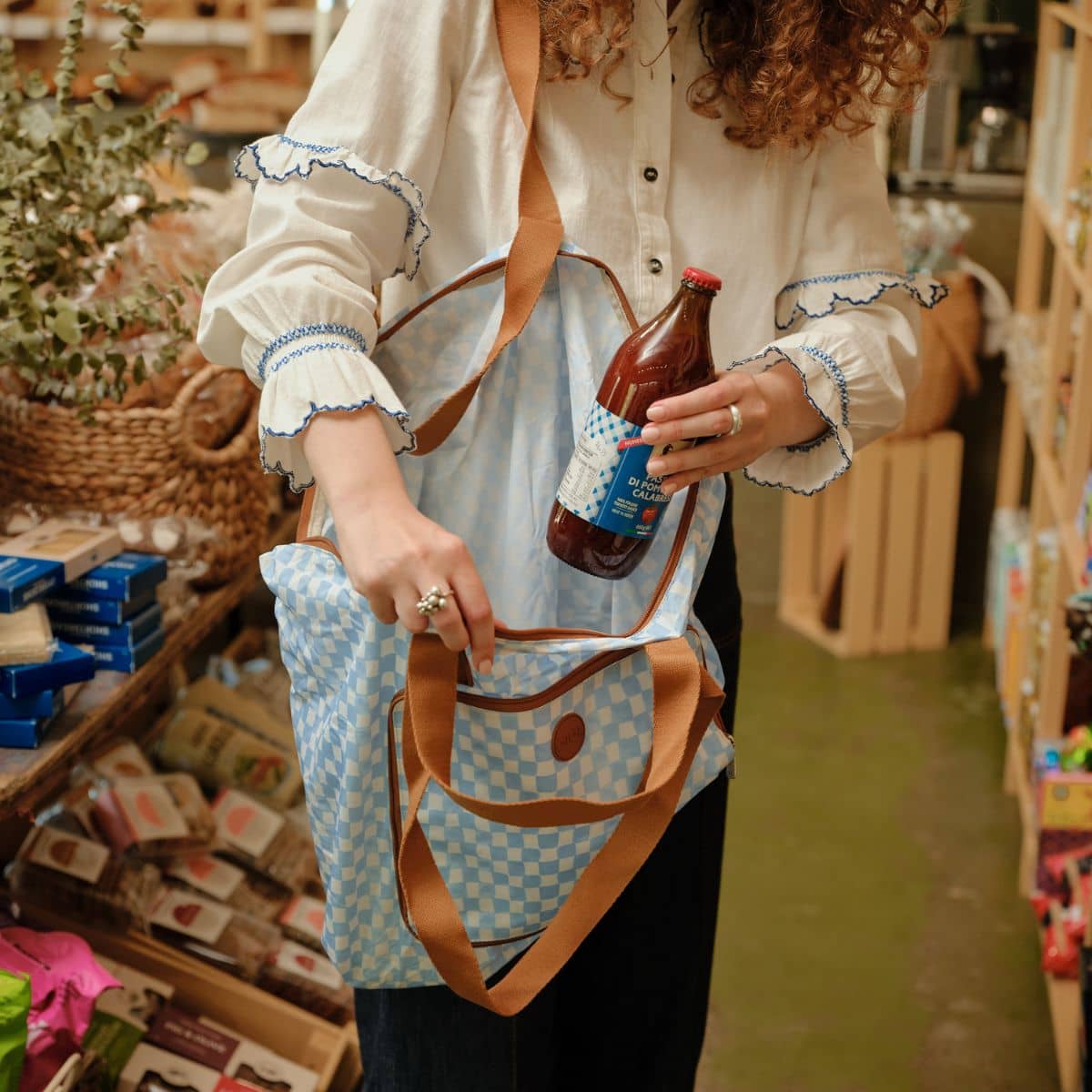 OiOi Fold Up Tote - Blue Check