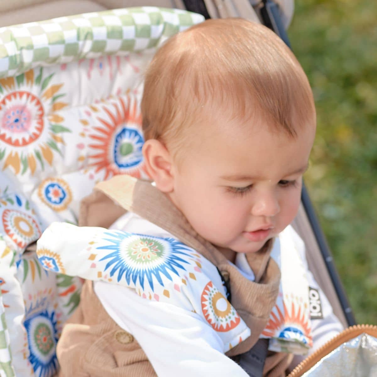 OiOi Reversible Pram Harness Cover Set - Green Check and Sunburst