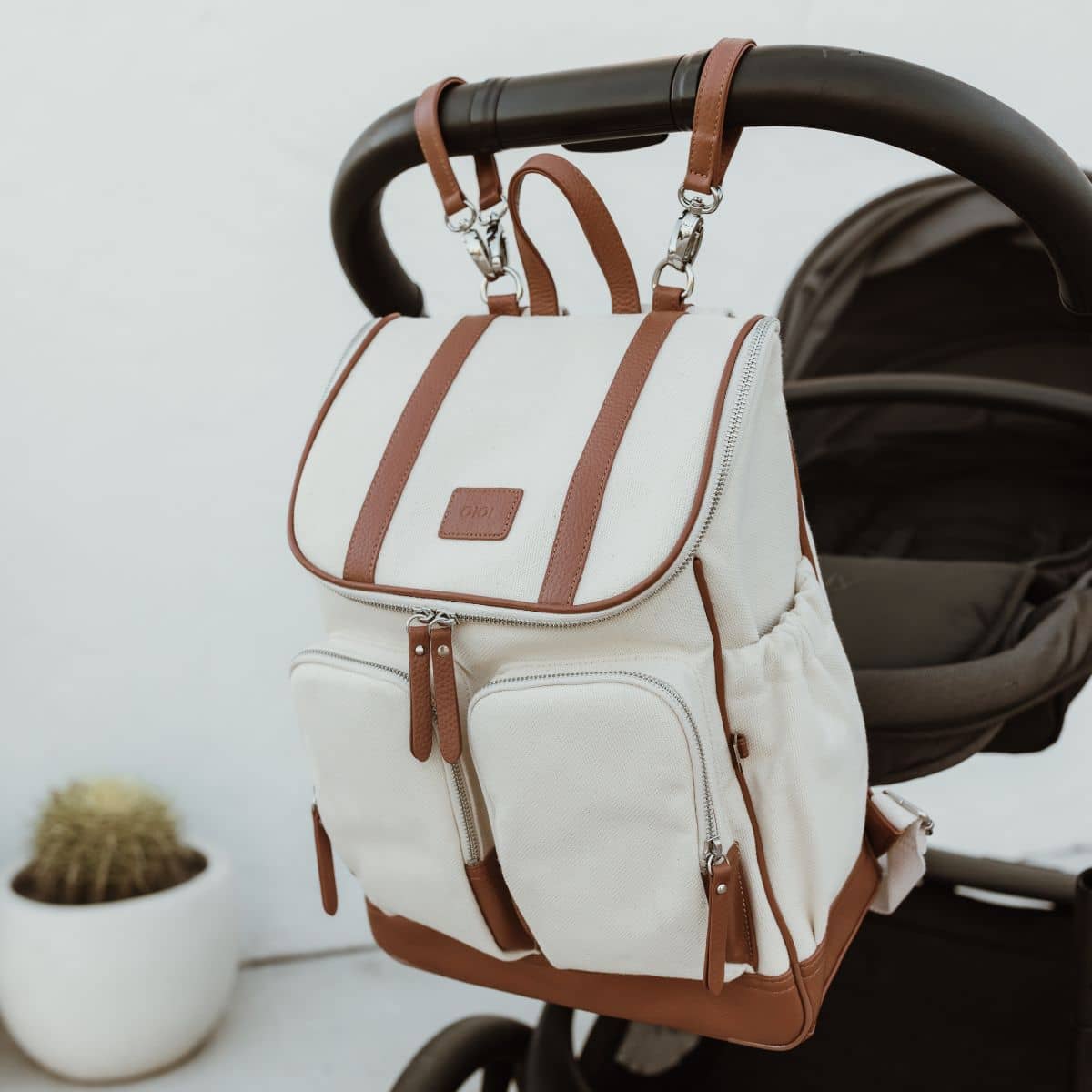 OiOi Canvas/Leather Nappy Backpack - Natural/Terracotta