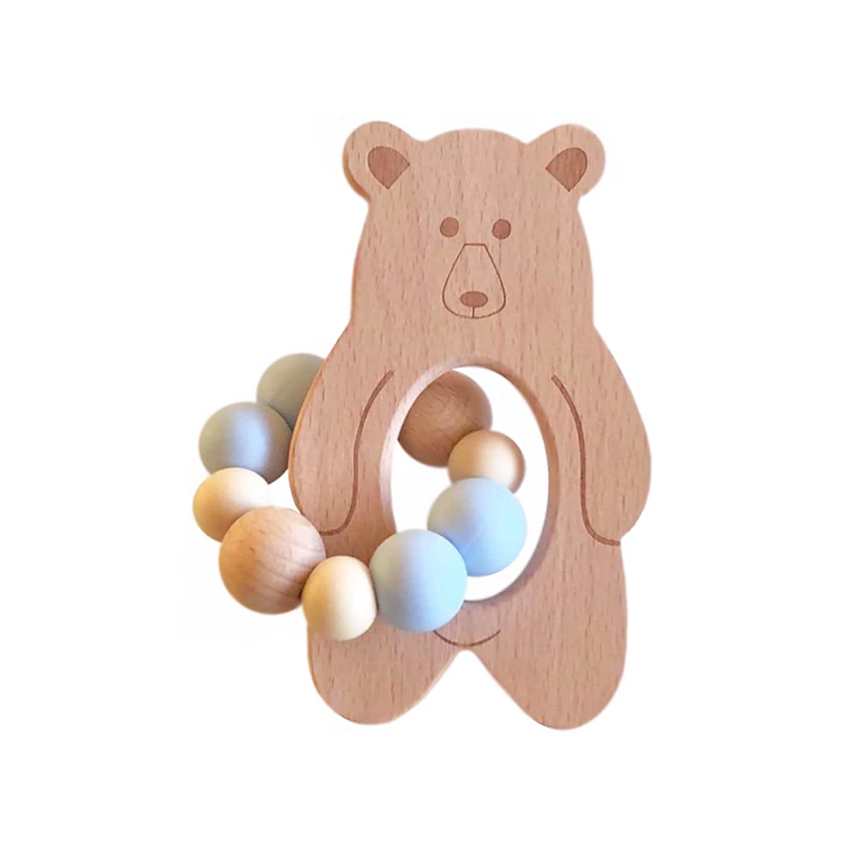 One.Chew.Three Bear Silicone and Beech Wood Teether - Blue