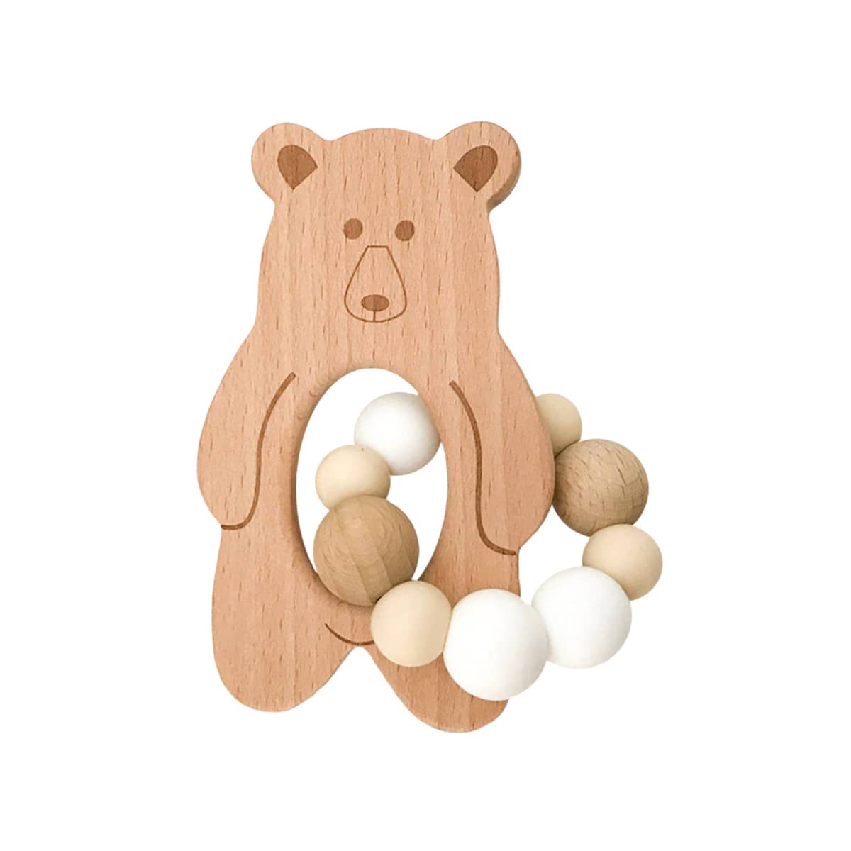 One.Chew.Three Bear Silicone and Beech Wood Teether - Natural White