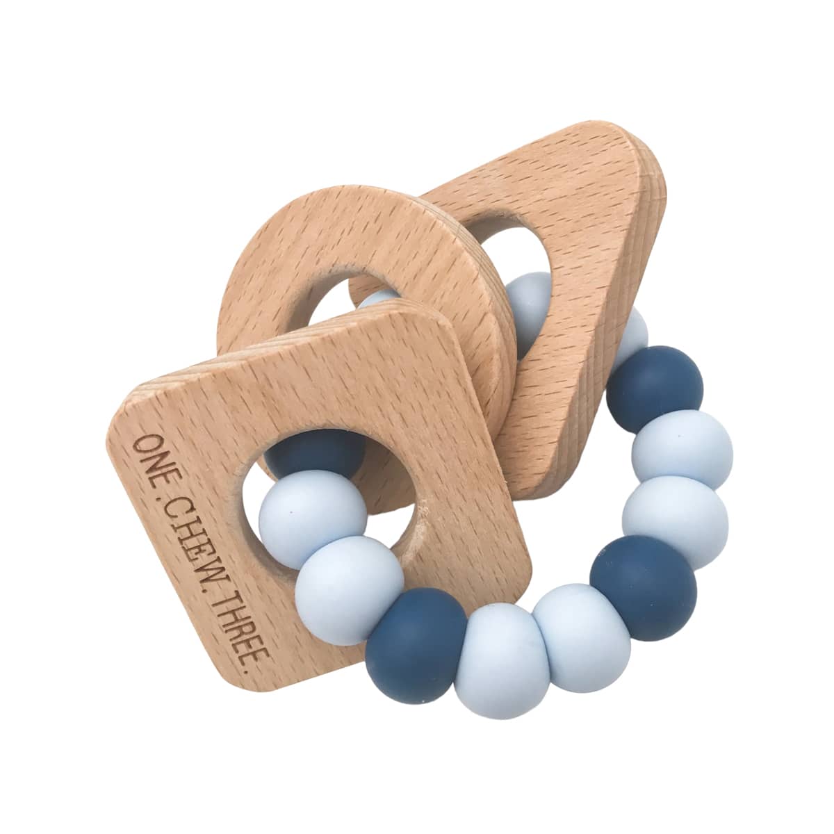 One.Chew.Three Shapes Silicone and Beech Wood Teether - Blue