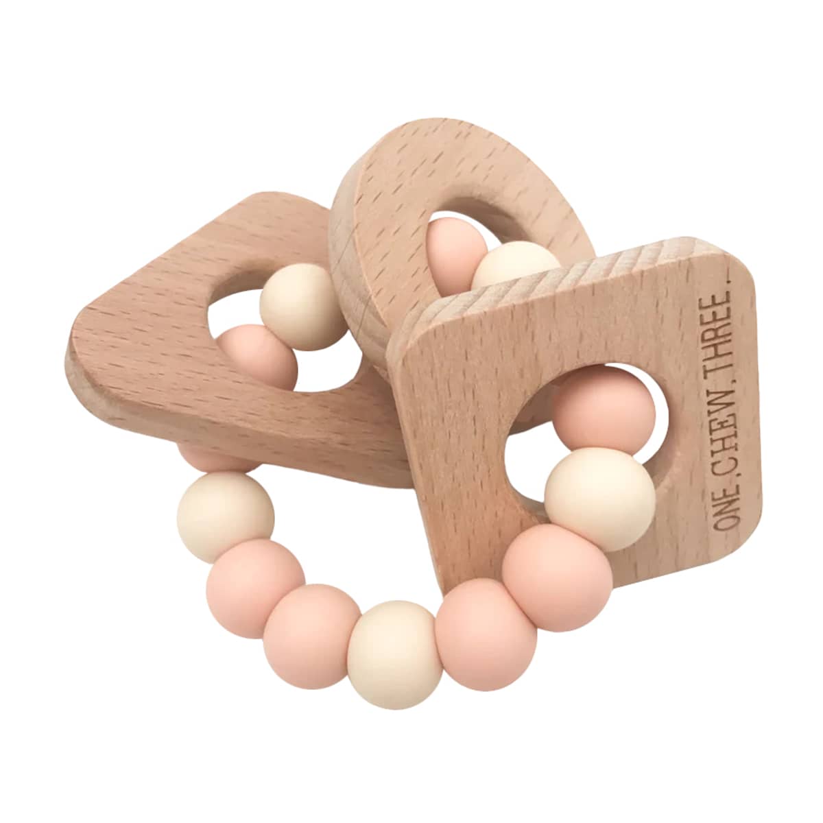 One.Chew.Three Shapes Silicone and Beech Wood Teether - Peach