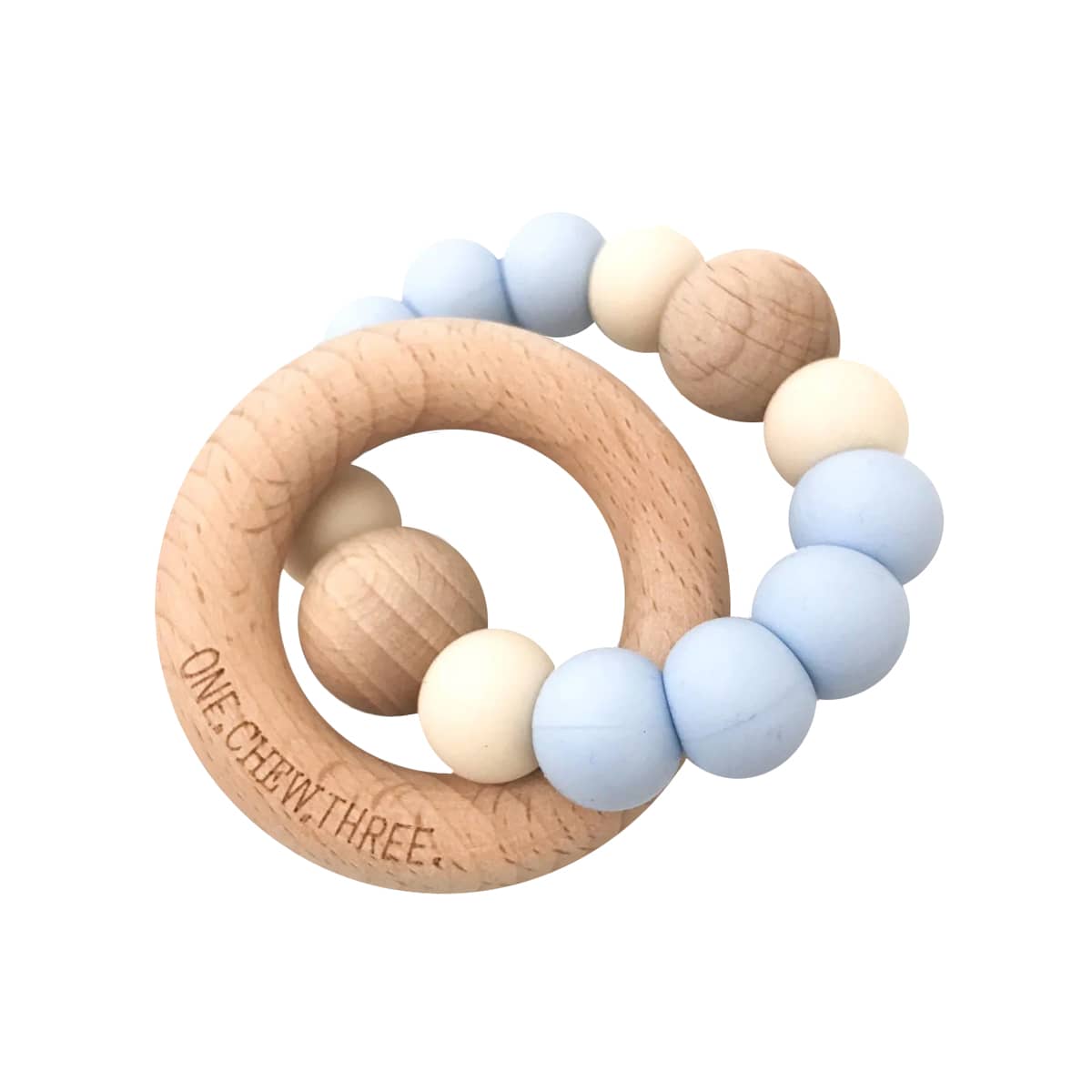 One.Chew.Three Single Rattle Silicone and Beech Wood Teether - Blue Cream