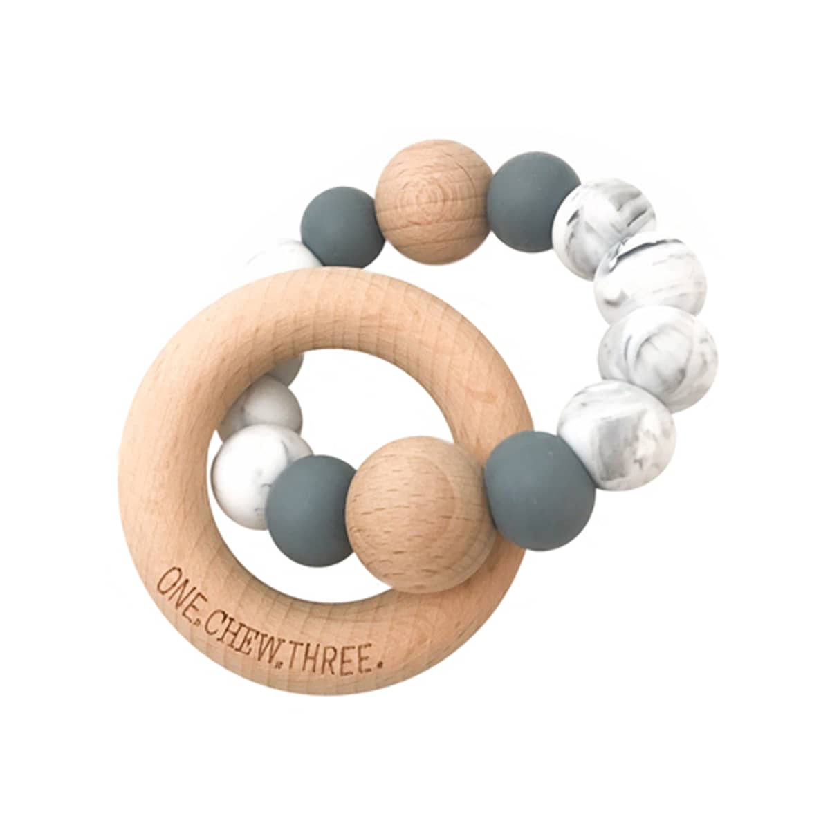 One.Chew.Three Single Rattle Silicone and Beech Wood Teether - Grey Marble