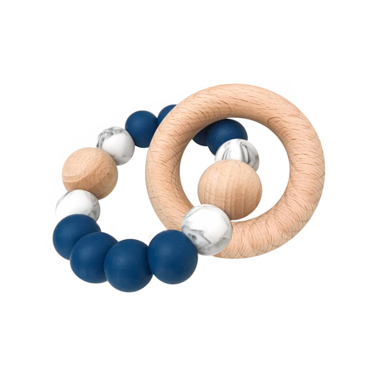 One.Chew.Three Single Rattle Silicone and Beech Wood Teether - Navy Marble