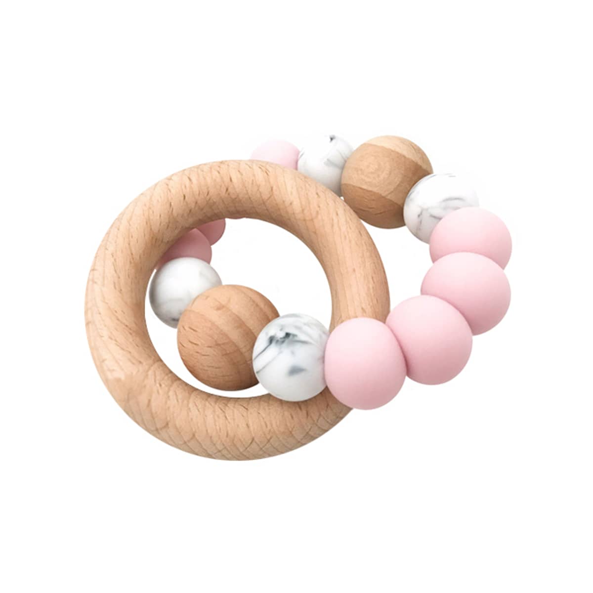 One.Chew.Three Single Rattle Silicone and Beech Wood Teether - Pink Marble