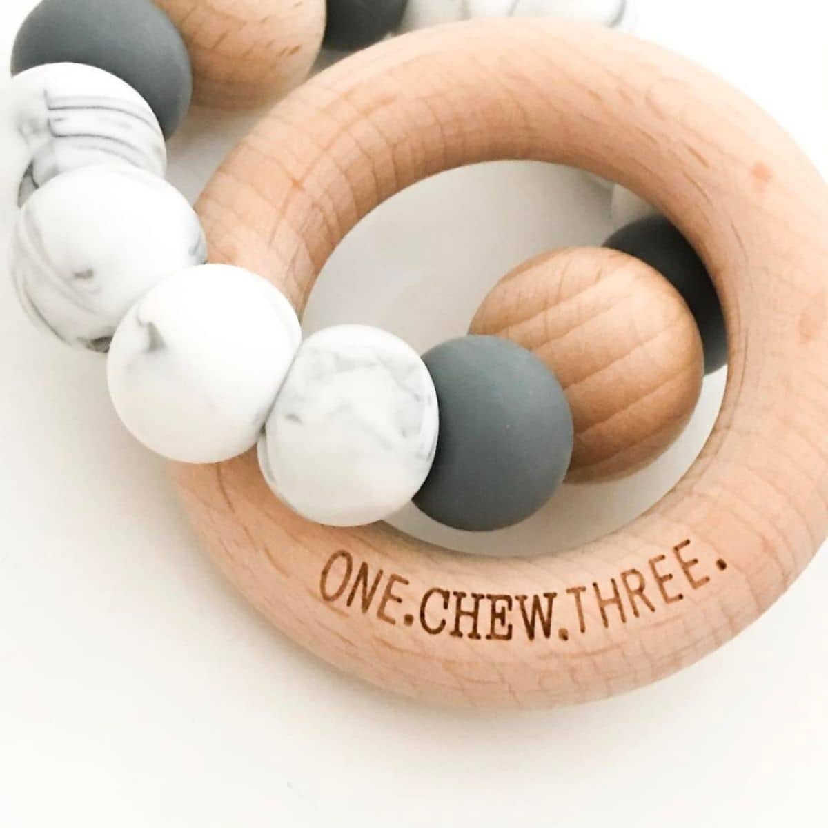 One.Chew.Three Single Rattle Silicone and Beech Wood Teether