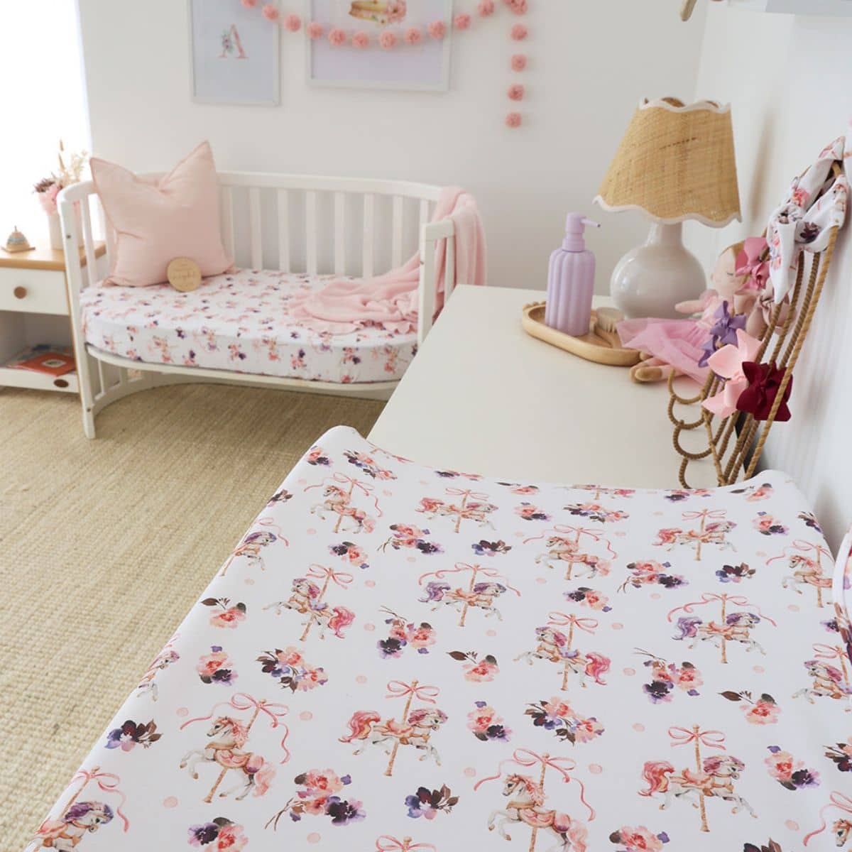 Snuggle Hunny Fitted Bassinet Sheet and Change Pad Cover - Carousel