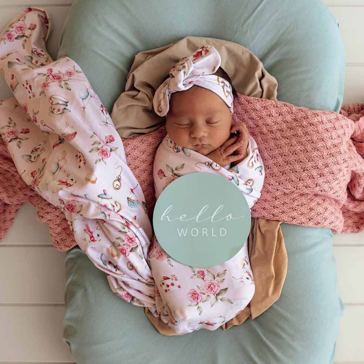 Snuggle Hunny Jersey Wrap with Matching Headwear - Alice's Tea Party