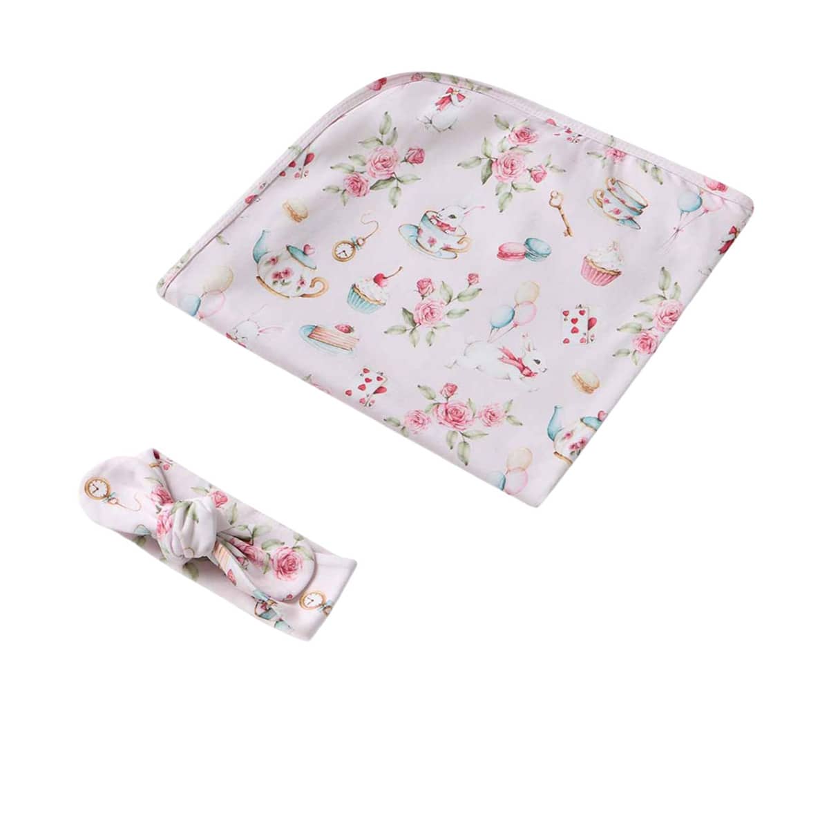 Snuggle Hunny Jersey Wrap with Matching Headwear - Alice's Tea Party