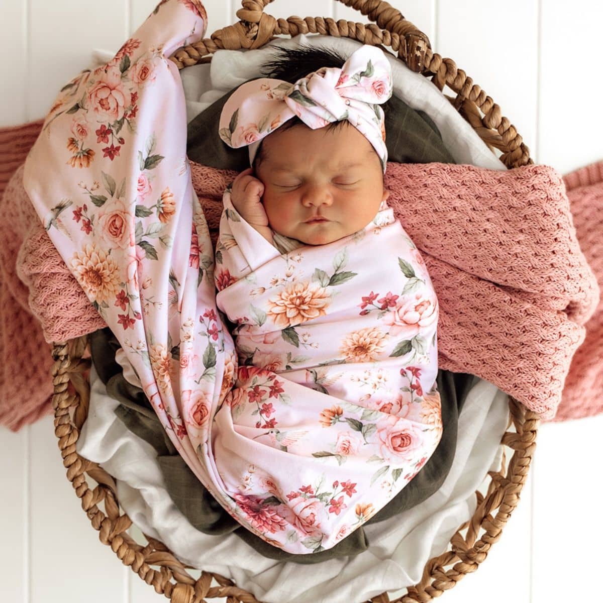 Snuggle Hunny Jersey Wrap with Matching Headwear - Birds & Blooms