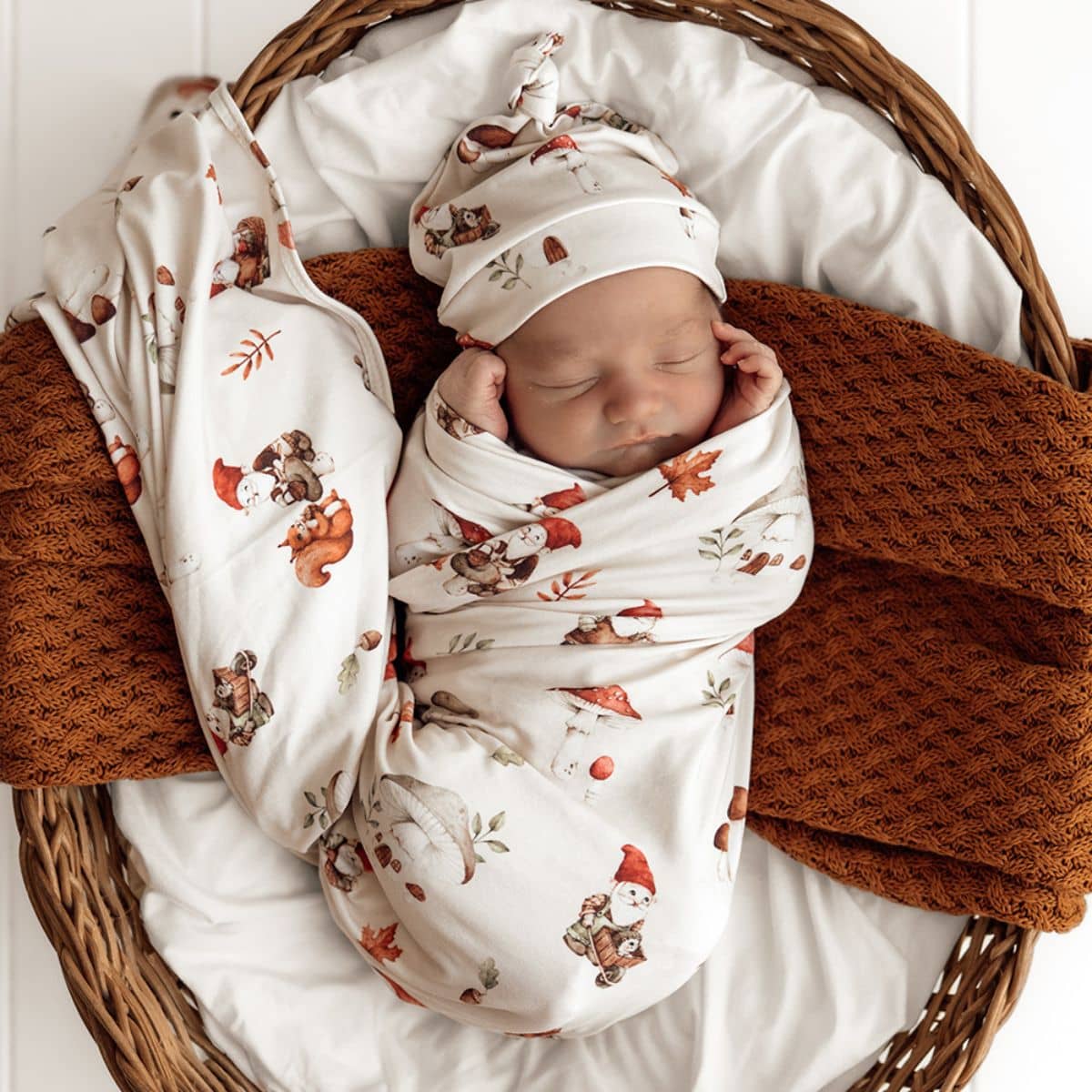 Snuggle Hunny Jersey Wrap with Matching Headwear - Gnomes